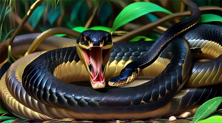 a black and gold snake with its mouth open