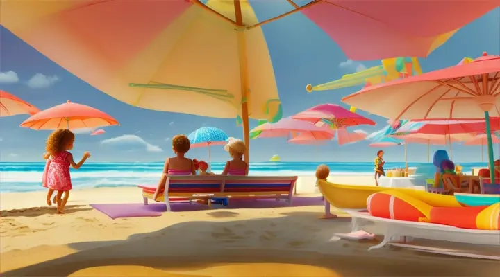  kids enjoying summer in beach side, a vibrant scene filled with laughter as children build sandcastles, chase waves, and eat ice cream under a bright, sunny sky; family and friends are scattered on colorful towels and under umbrellas, making the most of the glorious day - in Pixar 3D style.