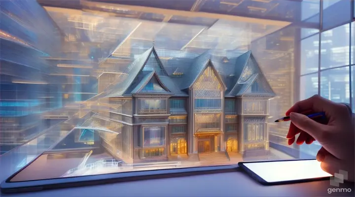 Close-up of an architect’s hands sketching out a building design on a transparent digital tablet, with holographic projections of the building coming to life.