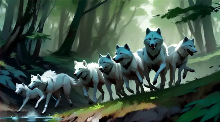 a group of white wolfs running through a forest