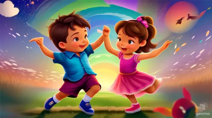 a boy and a girl are dancing in the grass