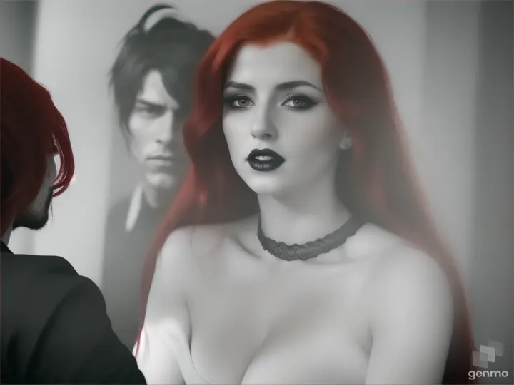 a woman with red hair and a black gothic dress reaches out to a man with black hair [realistic]