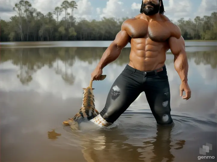 hombre lobo  igual Lon Chaney Jr. en películas clásicas estudio universal El hombre lobo musculoso de pie con su cuerpo peludo con camisa desgarrada y pantalones  en un pantano de Florida peleando con sus garras con un caimán negro de Florida El caimán sale del agua atacando con sus fauces de reptil con la boca abierta mientras mueve su cola con su cuerpo escamoso de reptil. En los dos se enfrentan frente a frente caimán y hombre lobo. efecto dibujo al carboncillo estilo boceto.