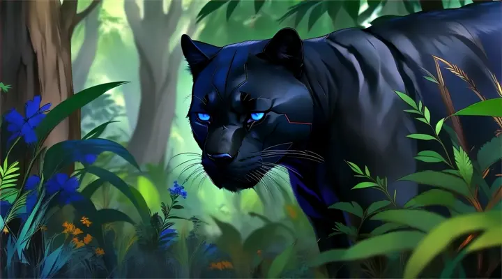 a black panther with blue eyes in the jungle