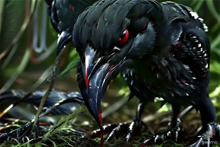 a black bird with red eyes and a long beak