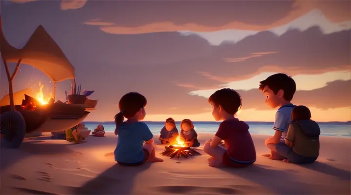  Night falls, and the children gather around a campfire near clear blue sea Pixar 3d