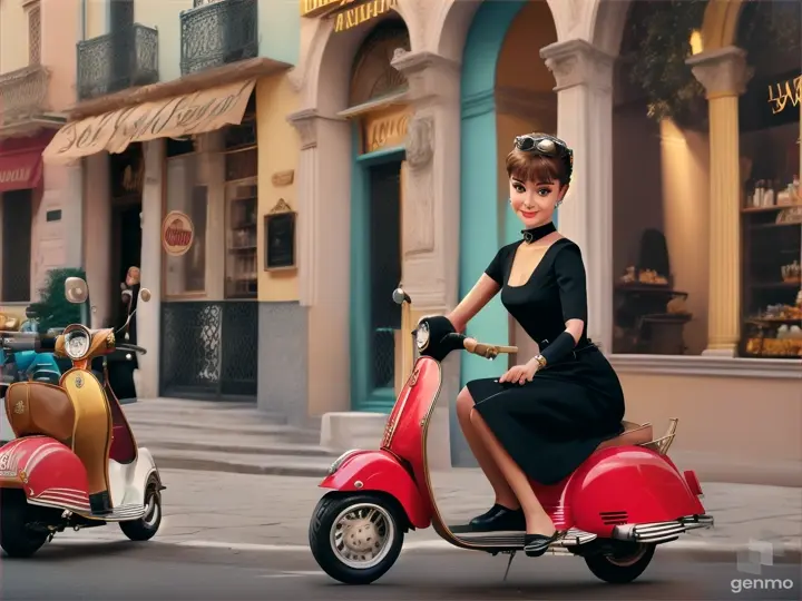 Audrey Hepburn on a scooter surrounded by vintage Roman signs and colorful facades