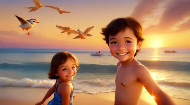 kids happy smiling camera close up in the beach side , Pixar 3D, an early morning setting with the sun just rising, birds flying low over the calm sea, Pixar 3D

