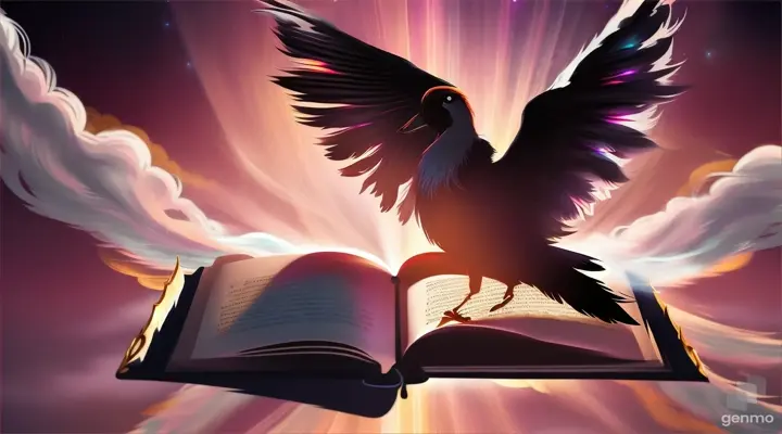 Un libro y una pluma negra en un plano astral y una sombra los ofrece. Anime