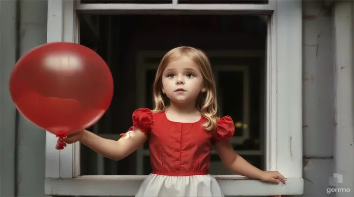 a little girl in a red dress holding a red balloon