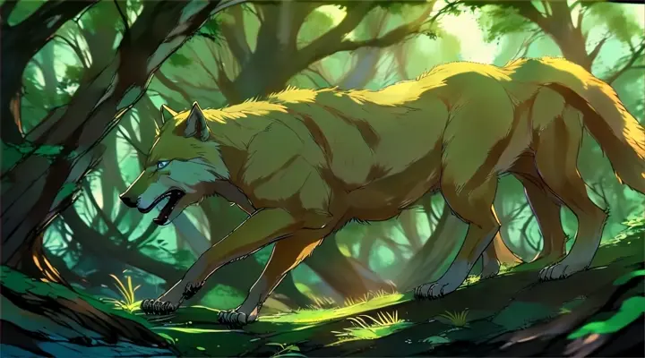 a wolf walking through a lush green forest