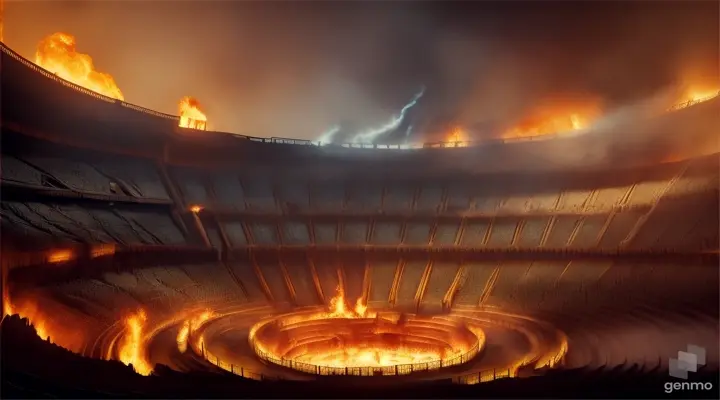 destroyed ancient theater on fire