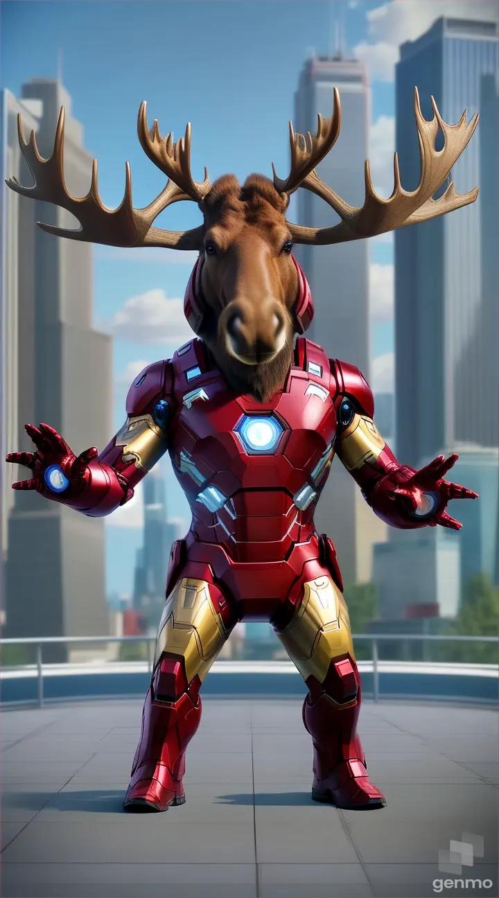 a moose dressed as iron man standing in front of a city