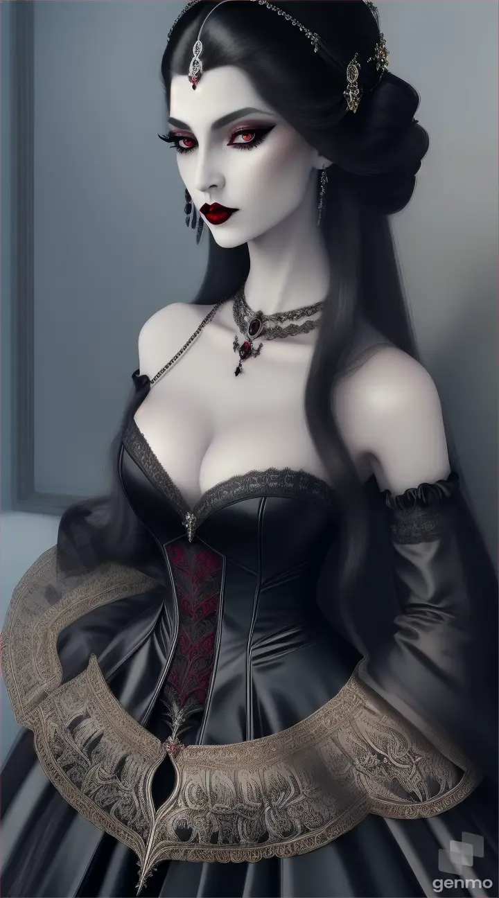 Create an illustration of a vampiress who looks like an aristocratic princess from the 17th century. She should have long, curly, dark hair styled in an elaborate hairstyle of the era, adorned with subtle yet dark accents such as black pearls or thin, silvery chains. Her skin is as pale as marble, starkly contrasting with her richly decorated gown in baroque style, shimmering in dark shades of red and black, with delicate lace and embroidery. Sharp fangs visible on her face betray her vampiric nature, and her eyes are a deep, mesmerizing red that draws one in. The princess-vampire walks with grace and a dangerous charm through a valley reminiscent of hell – a landscape filled with fiery lakes, twisted trees, and warped rock formations. The sky is dark, with hues of purple and red, and a mist hangs in the air, adding an air of mystery to the scene. The whole is maintained in a gothic fantasy style, with baroque elements and a dark, yet majestic atmosphere.