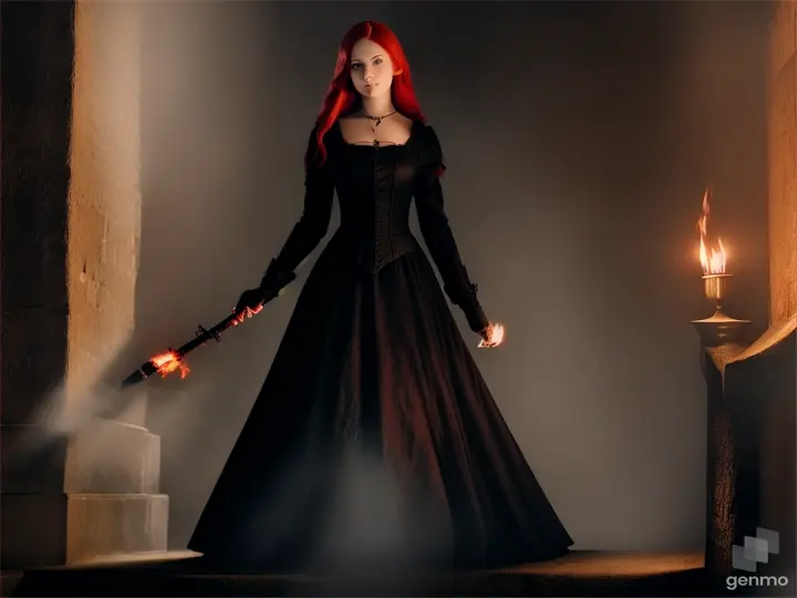 gothic woman in a black dress with red hair holds a torch in her hands and goes down the stairs [realistic]