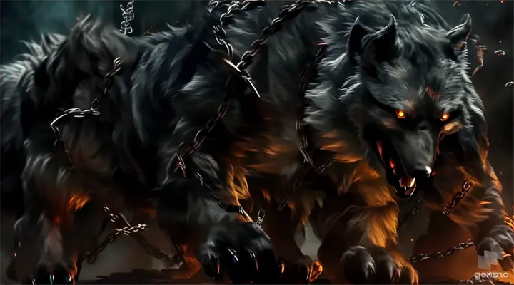 a demonic looking wolf with chains around its neck