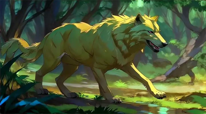 a wolf walking through a lush green forest