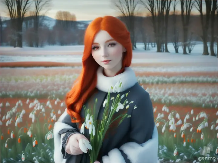 A beautiful goddess with orange-red hair standing, snowdrops, winter, snowing, farmland, landscape