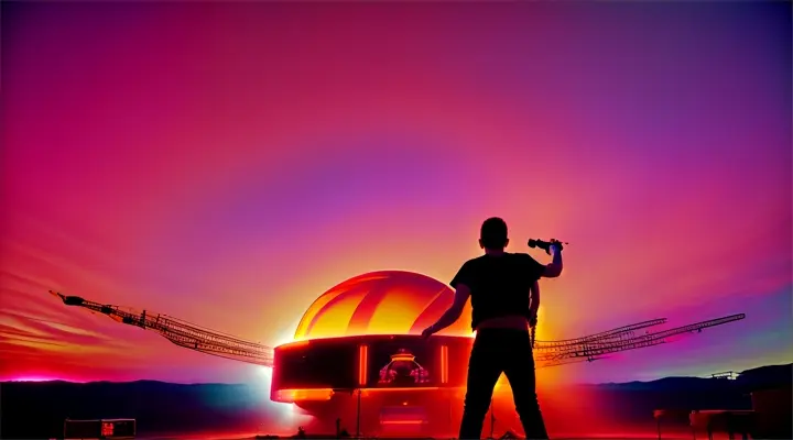 A concert stage set against a fiery sunset, with a bass player standing in front of a giant neon sun prop and sound waves painted in the vivid colors of the sky