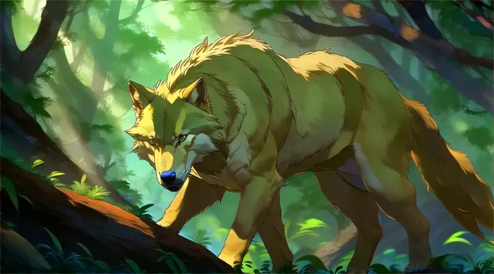a wolf walking through a lush green forest