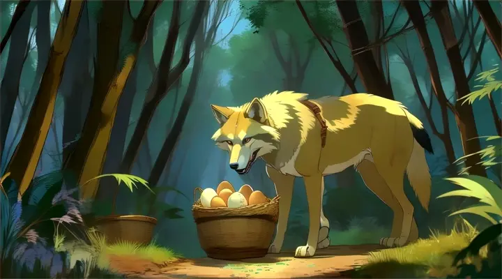 a cartoon of a wolf carrying a basket of eggs