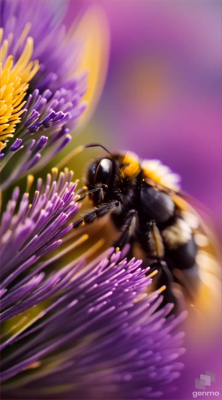 Close-up of a bumblebee collecting pollen from a cluster of blooming lavender flowers.
