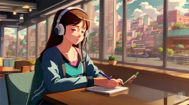 a beautiful girl studying, wearing headphones, at the corner of the coffee shop, listening to techno music, focusing on the Vibrant cityscape with a coffee shop corner size 1280x720, in Studio Ghibli style