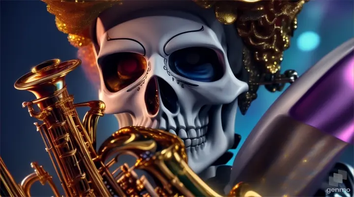 Skeleton Kak starts playing the saxophone and his eyes pop out of his sockets