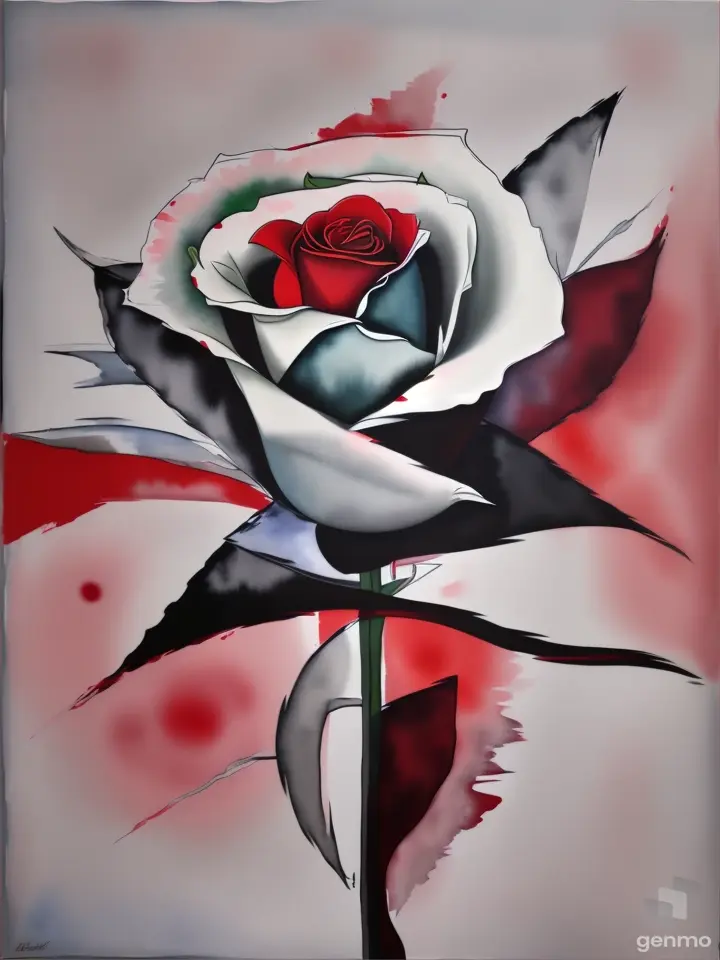  в стиле Пикассо. A mixed media painting of an abstracted A pop-art: solitary red rose. with white outlines. Фон: светло-серый поп-арт, watercolor.