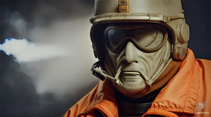 The man is dressed in an old worn-out Soviet chemical protection suit of the 1974 model, he is in a strange convulsive stupor, the mask is unfastened, thick bright orange smoke is coming from the man's eyes and ears, strobe flashes, volumetric