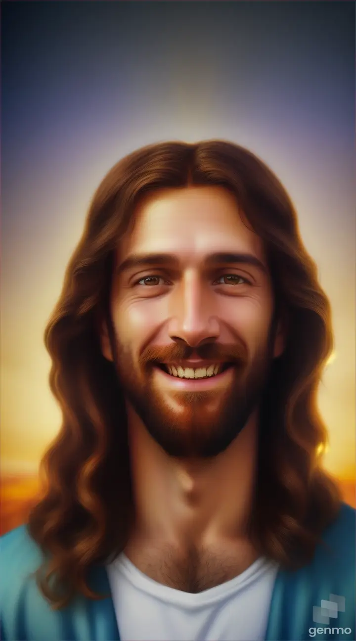 Rostro de Jesucristo primer plano en movimiento ojos marrones imagen nítida imagen realista tres de sonriendo rodeado de luz 