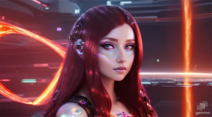 Red-haired android standing before a holographic waterfall, reflecting a glowing complexion with a surreal, ethereal charm