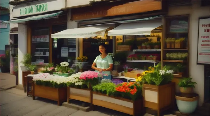 
woman opening her flower shop in the morning, brazil, realistic