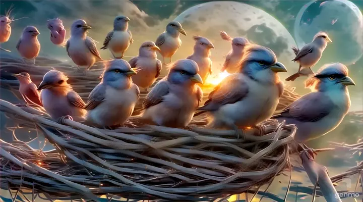 a group of birds sitting on top of a nest