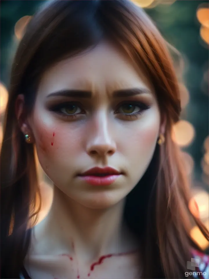 Fullrealistic human mulher com lindo rosto , brown hair , esta com  a big cut in neck blood, chorando she is crying in realistic forest night realistic colors 