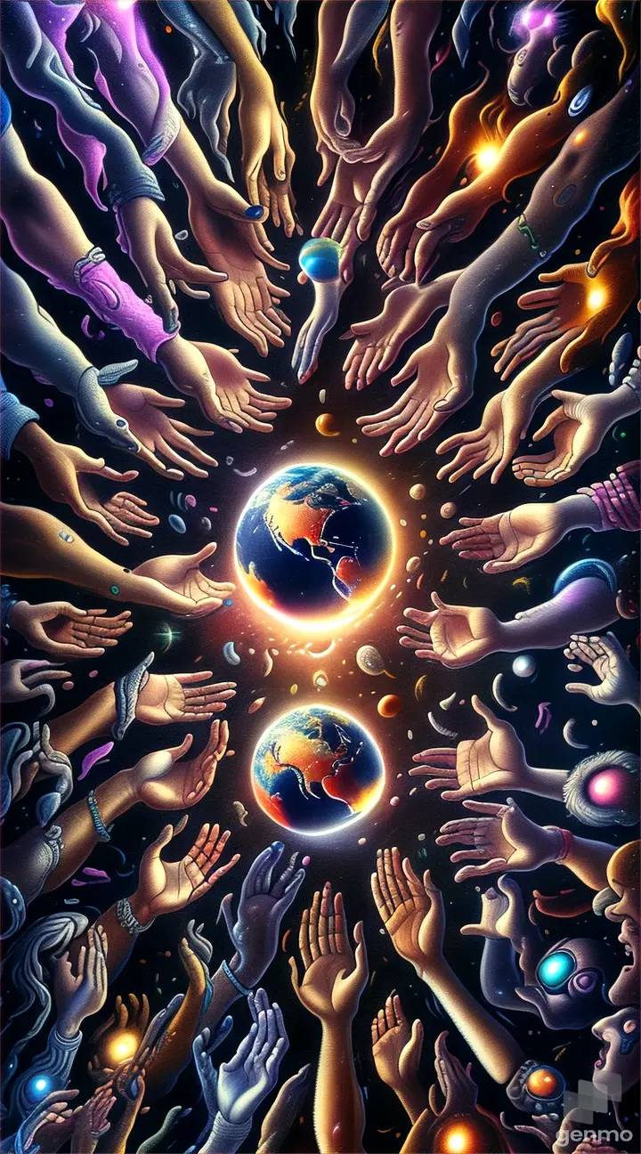 a painting of many hands surrounding a globe