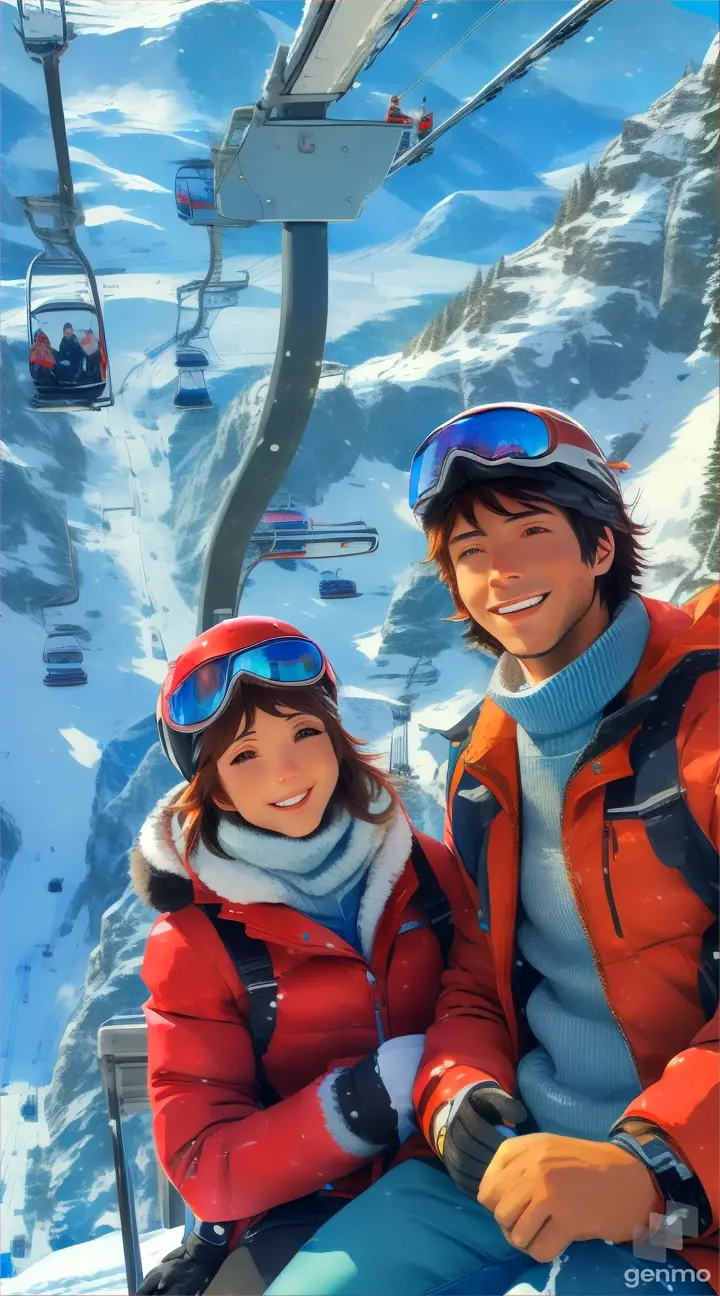 a man and a woman sitting on top of a ski lift