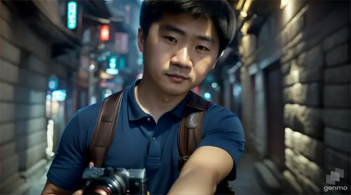 James Chen (Asian man, blue shirt, carrying a camera is a photographer who is very interested in historical places full of mystery. a with video of 16:9