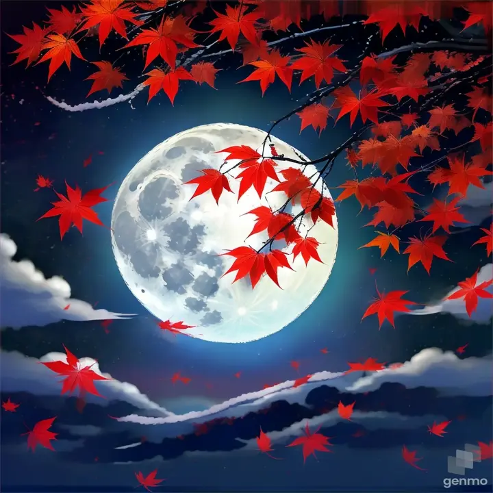 a full moon with red leaves in the foreground