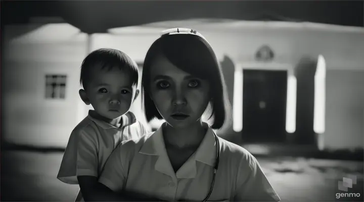 The ghost of a scary female nurse, horror, holding a scary boy ghost, at Old Changi Hospital in Singapore, at night.a with video of 16:9