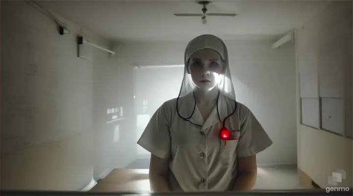 the ghost of a scary nurse, pale face, bright red eyes, in the treatment room at Old Changi Hospital in Singapore, at night.a with video of 16:9