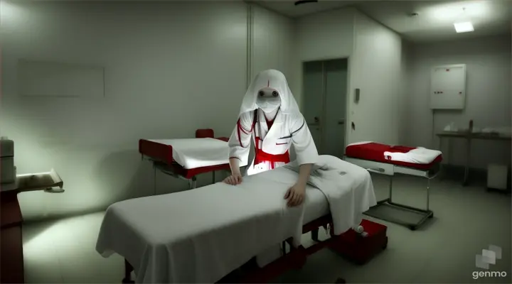 the ghost of a scary nurse, pale face, bright red eyes, in the treatment room at Old Changi Hospital in Singapore, at night.a with video of 16:9