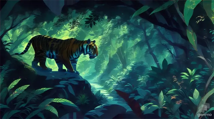 a painting of a tiger in a jungle,tiger quiescence.