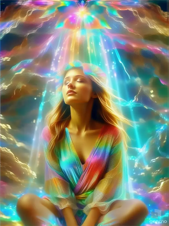 a woman sitting in front of a colorful light