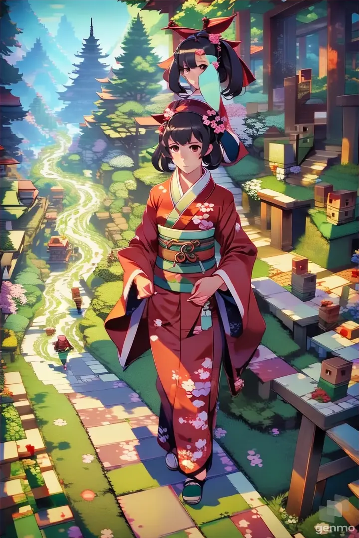 a woman in a kimono walking down a path