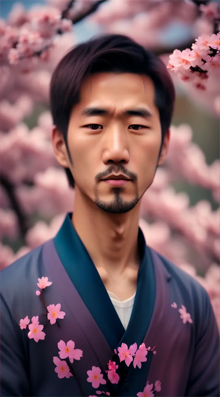 handsome Japanese man in poor clothese, with beautiful Sakura flowers in the background, closed up