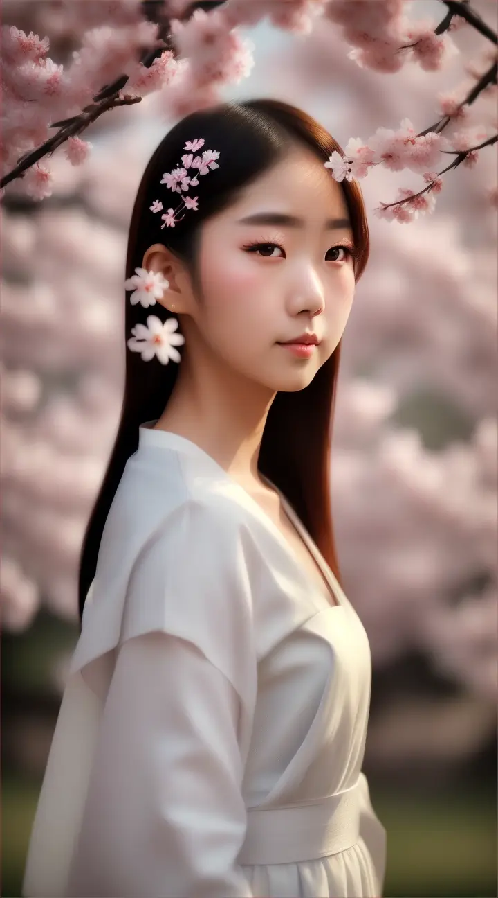 Beautiful Japanese girl dressing white and a handsome man, with beautiful Sakura flowers in the background, closed up