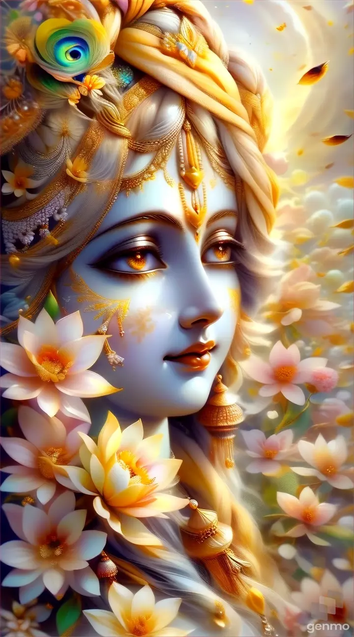 A Indian god krishna with flowers in his hair in a vintage boho style, with soft pastel colors and dreamy textures