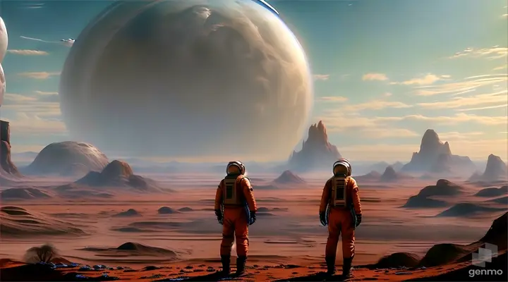 two astronauts standing in front of a distant planet