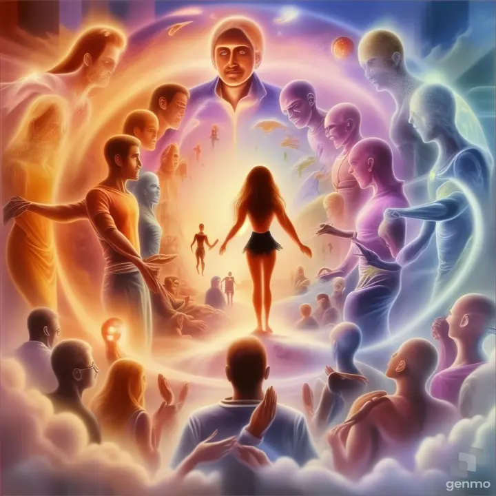 a painting of a person surrounded by other people